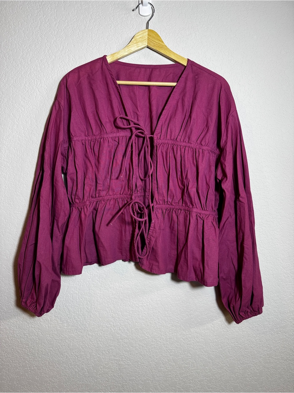 Women’s Small Magenta Peplum Blouse Tie Front Long Sleeve Boho Cottagecore